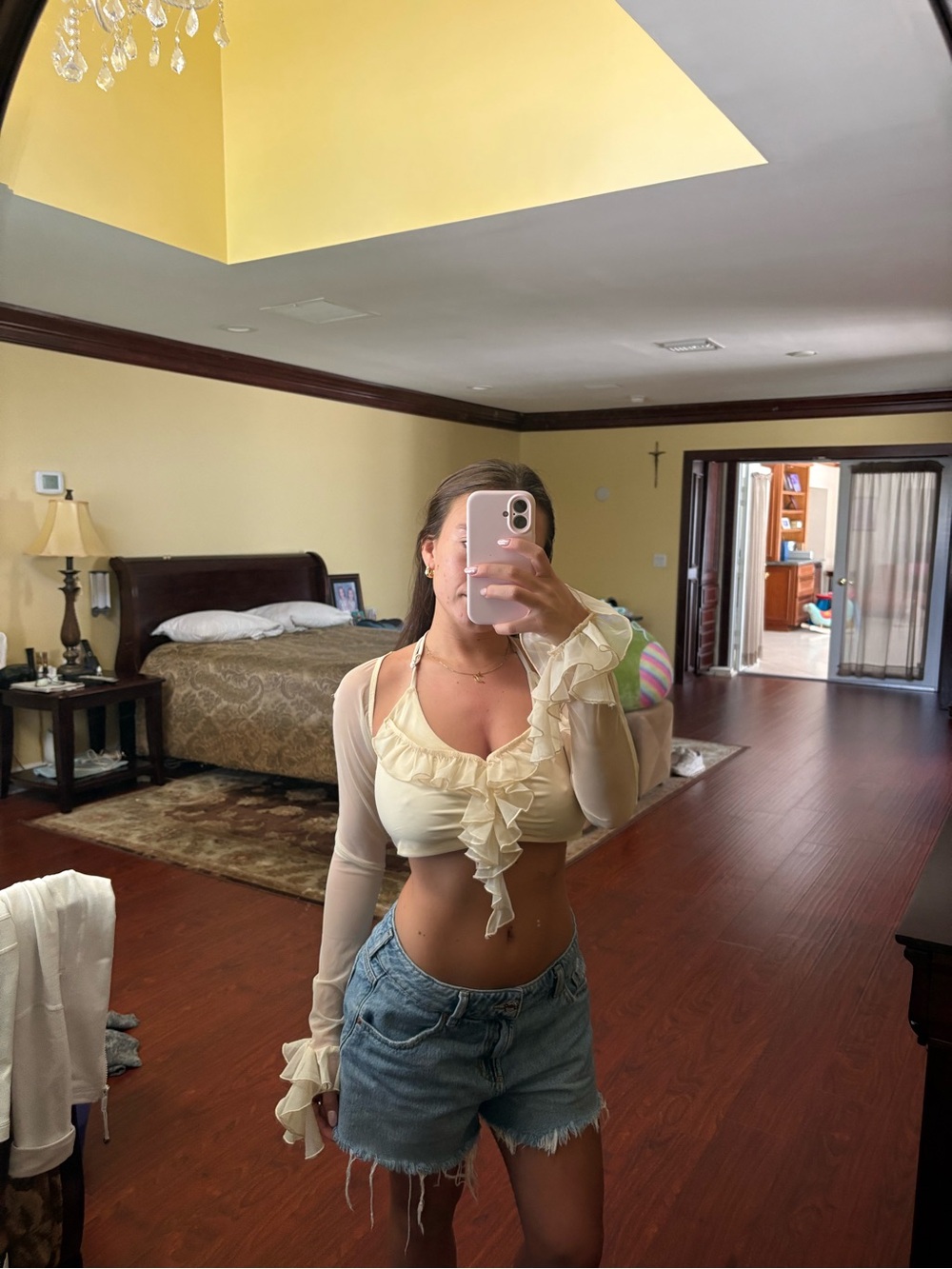 Oh Polly Cream Ruffle Tie-Front Crop Top - Picture 1 of 2